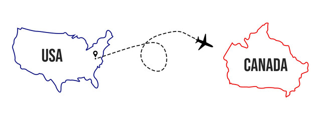Air plane flight route curve line path from USA to Canada