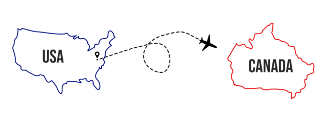 Air plane flight route curve line path from USA to Canada
