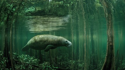 Fototapeta premium Manatee Swimming in Clear Freshwater Bayou