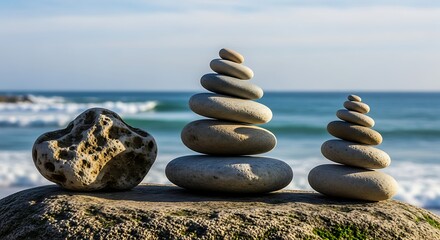 Illustration of zen stone cairns balanced on a rocky shore with the ocean in the background