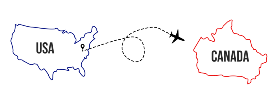 Air plane flight route curve line path from USA to Canada