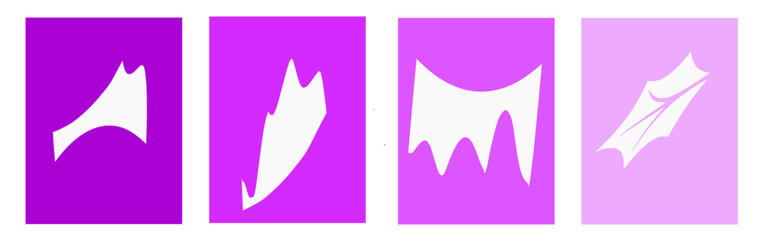 Set of four abstract design panels with unique white organic shapes on purple and pink color backgrounds, modern geometric composition, creative graphic poster template, and artistic backdrop.