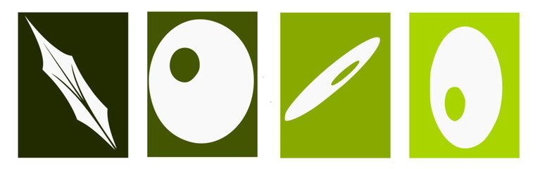 Set of four abstract panels featuring white geometric and organic shapes on green backgrounds, modern minimalist design, corporate graphic template, nature, and organic elements.