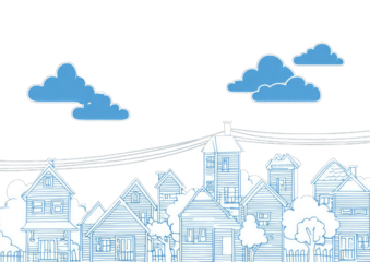 Light-blue, outlined suburban houses and trees with power lines and clouds