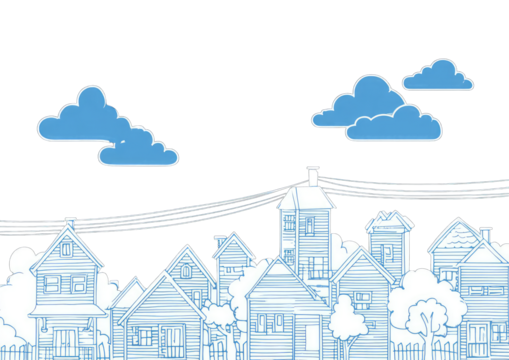 Light-blue, outlined suburban houses and trees with power lines and clouds