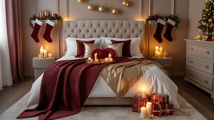 Festive bedroom decorated for christmas with gifts, candles, and stockings hanging