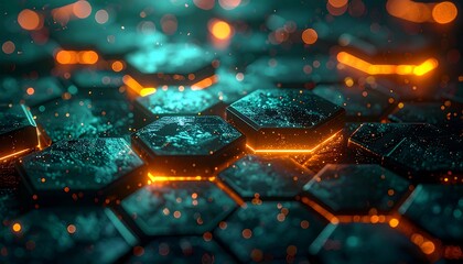 Hexagonal tiles with glowing edges and speckled surface, bokeh effect creates depth in this stylized digital art