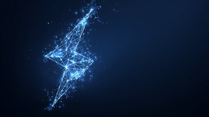 Digital Power and Energy Concept: Glowing Wireframe Lightning Bolt Icon on Abstract Blue Technology Background.