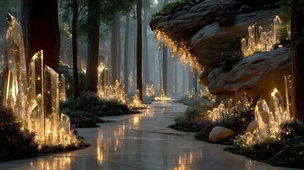 Crystals in a forest, emphasizing nature's wonder, artistry, and ethereal atmosphere.