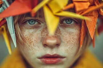 A person with an origami headpiece, highlighting artistry, creativity, and imaginative atmosphere.