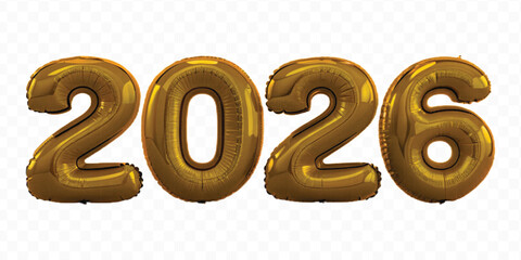 realistic 3d 2026 typography made by with different color foil balloons isolated on transparent background