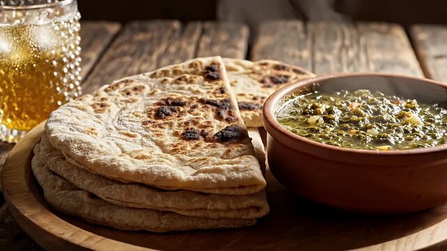 Traditional Indian Saag and Roti served with a cold beverage on a rustic wooden table backdrop with warm lighting creating a cozy atmosphere