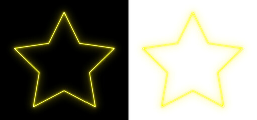 Glowing yellow neon star on black and transparent background, bright luminous shape, futuristic minimal light art design