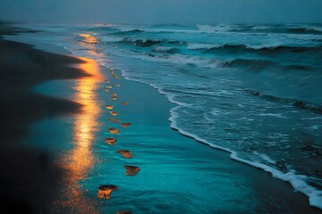 A beach with footprints and wave reflections, emphasizing coastal beauty, tranquility, and personal journey.