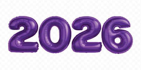 realistic 3d 2026 typography made by with different color foil balloons isolated on transparent background