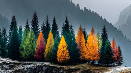 A mountainous landscape with autumn trees, showcasing nature's seasonal beauty and scenic diversity.