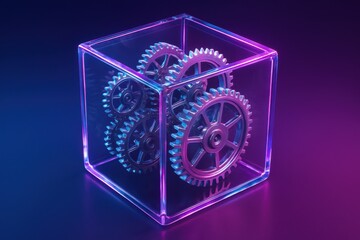 Mechanized Marvel: Glimpse the beauty of mechanical gears enclosed within a transparent cube, bathed in vibrant neon hues. Capturing complexity and innovation.