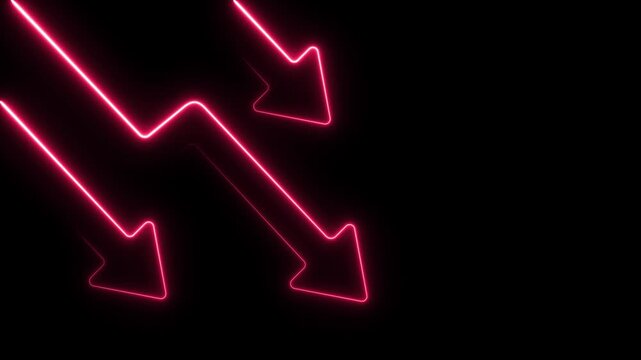 An abstract image of red downward arrows on a black background, illustrating growth and success. Concept of decline with downward arrows, money, profit, investment, business growth, economics, finance