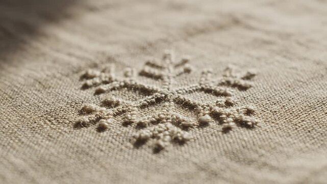 Close-up of an intricately embroidered snowflake pattern on rustic beige linen fabric with natural sunlight and shadow highlighting its detailed textur