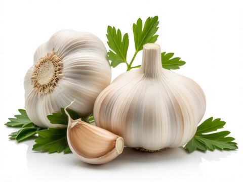 Fresh garlic bulbs and clove with vibrant parsley sprigs, perfect for culinary creations and promoting healthy eating habits in your designs