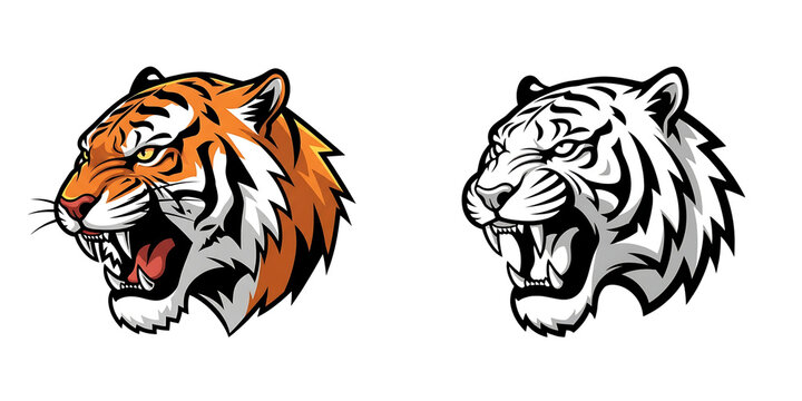 Dynamic roaring tiger head mascot illustration in vibrant color and monochrome versions.