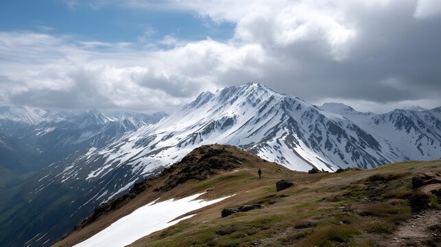 Majestic snow capped mountain range with a solitary hiker on a grassy ridge under a cloudy sky