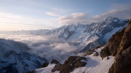 Majestic snow capped mountain range under a soft dawn sky with fog in the valleys