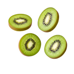 Fototapeta premium Four slices of fresh kiwi fruit floating in the air, isolated on white or transparent background, PNG Format.