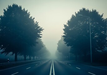 A foggy morning road surrounded by trees with soft natural blur and muted tones, evoking calm and mystery.