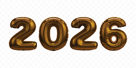 realistic 3d 2026 typography made by with different color foil balloons isolated on transparent background