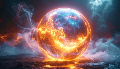 Obraz premium Glowing sphere emits vivid orange & blue light against a moody, smoky backdrop
