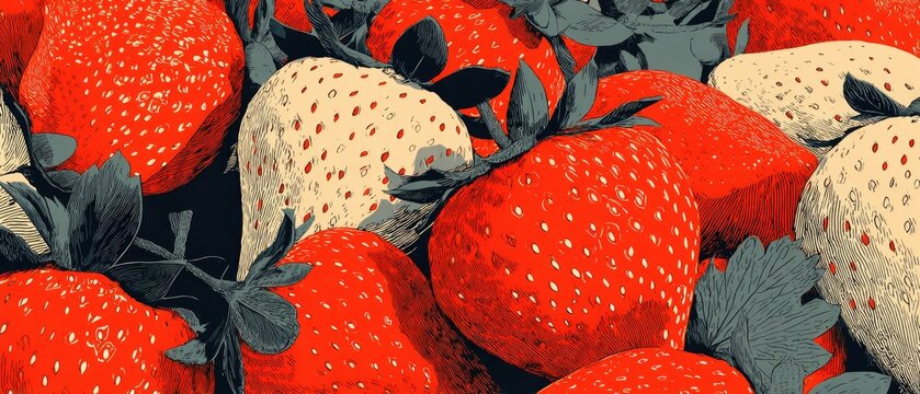 Close-up of red and white strawberries with gray-green leaves - Powered by Adobe