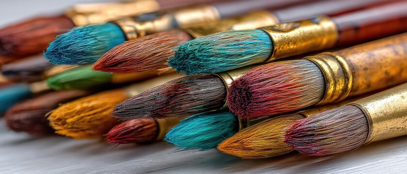 Stack of colorful paintbrushes close up - Powered by Adobe