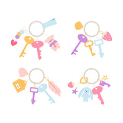 Keychains rings with cute charms and keys. Funny trinkets set. Modern pendants, accessories. Vector childish illustration. 