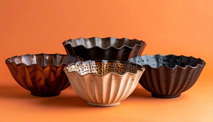 Ceramic Bowls with Fluted Design on Orange Background Symbolizing Artisanal Craft and Editorial Styling for Tableware and Decor