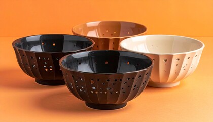 Ceramic Bowls with Fluted Design on Orange Background Symbolizing Artisanal Craft and Editorial Styling for Tableware and Decor