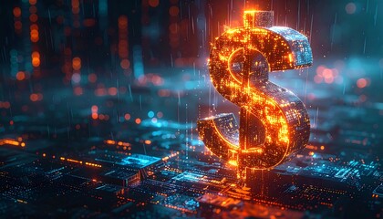Glowing dollar sign formed from digital circuitry, with blurred blue and orange light effects