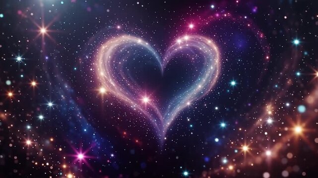 Macro cosmic heart glowing in deep space, made from stardust swirling in a galactic nebula. Radiant pink, violet, and blue tones create a dreamy romantic celestial atmosphere.