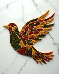 Natural Materials Mosaic Collection:  Spice Bird Mosaic. Geometric Design on Marble Background
