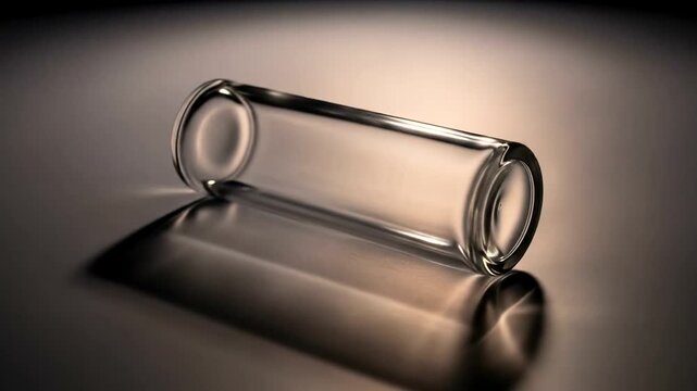 A clear glass cylinder resting on a smooth surface, illuminated softly from above, showcasing reflections