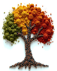 Natural Materials Mosaic Collection:  Organic Tree from Cumin, Paprika and Matcha on White