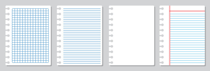 Realistic workbook paper sheets. Mockup sheets of paper torn from a notebook. Set of Blank and Lined Notebook Pages – Black and White Interior Vector Template.