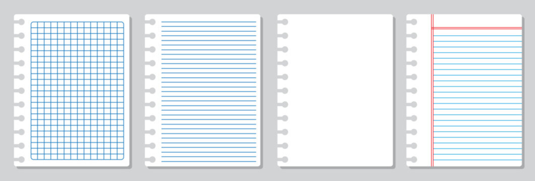 Realistic workbook paper sheets. Mockup sheets of paper torn from a notebook. Set of Blank and Lined Notebook Pages &ndash; Black and White Interior Vector Template.