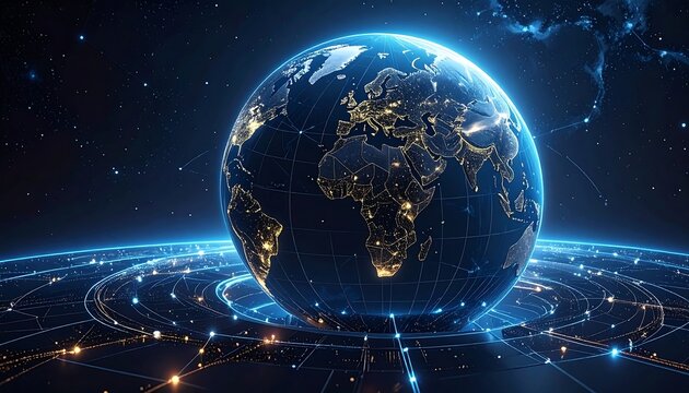 Glowing globe with city lights surrounded by a circuit board pattern, set against a cosmic background