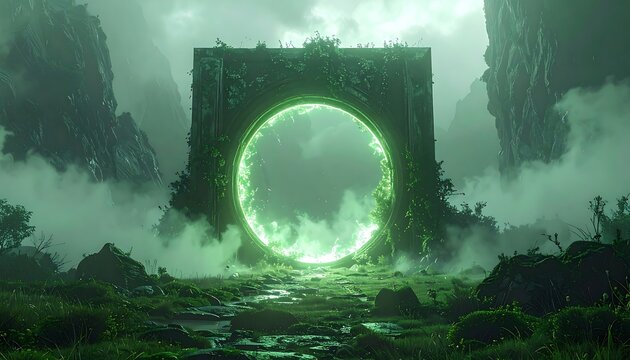 Glowing green portal framed by stone in a foggy, lush landscape leads somewhere magical and otherworldly