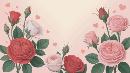 Elegant romantic rose flower banner with love symbols and decorative flourishes