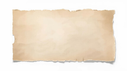A torn piece of aged paper lies isolated against a white background, showcasing texture and age, perfect for design elements or adding a vintage aesthetic.