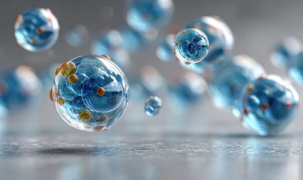 Floating blue spheres with gold flecks on a gray background