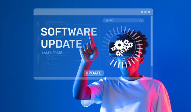 An individual interacts with a modern software update interface, featuring gears and a vibrant blue background, symbolizing innovation and progress in technology development. XDMCP