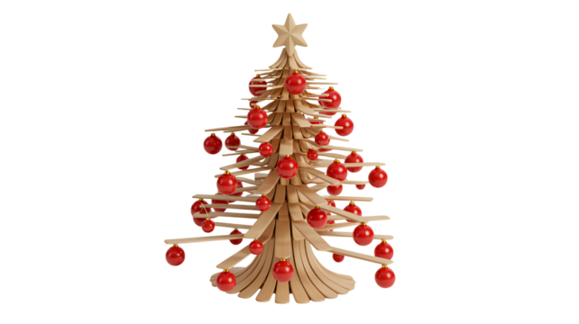 Charming wooden Christmas tree adorned with vibrant red ornaments and a festive star topper, perfect for holiday celebrations and seasonal decor projects.